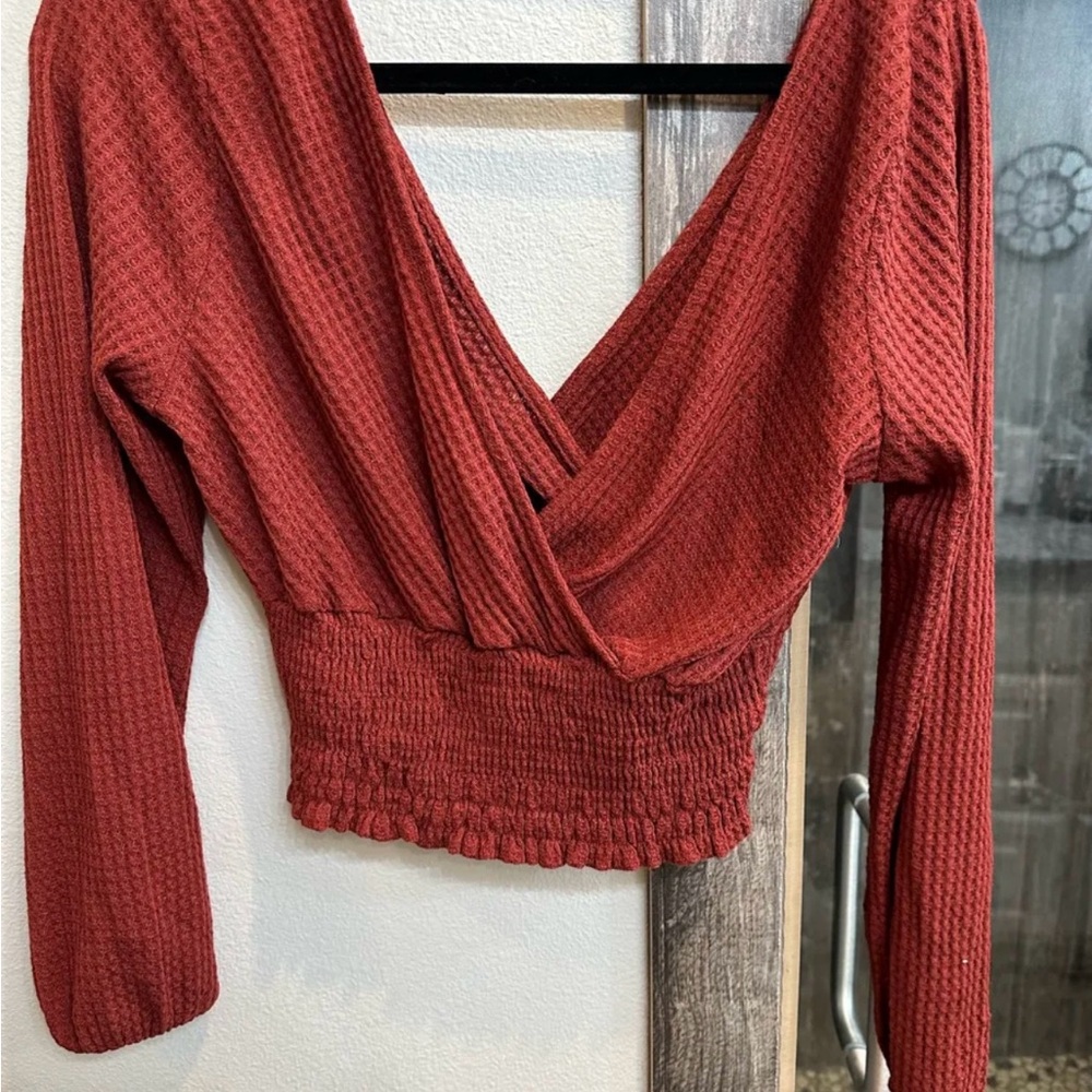 Altar'd State Red Ribbed Wrap Blouse